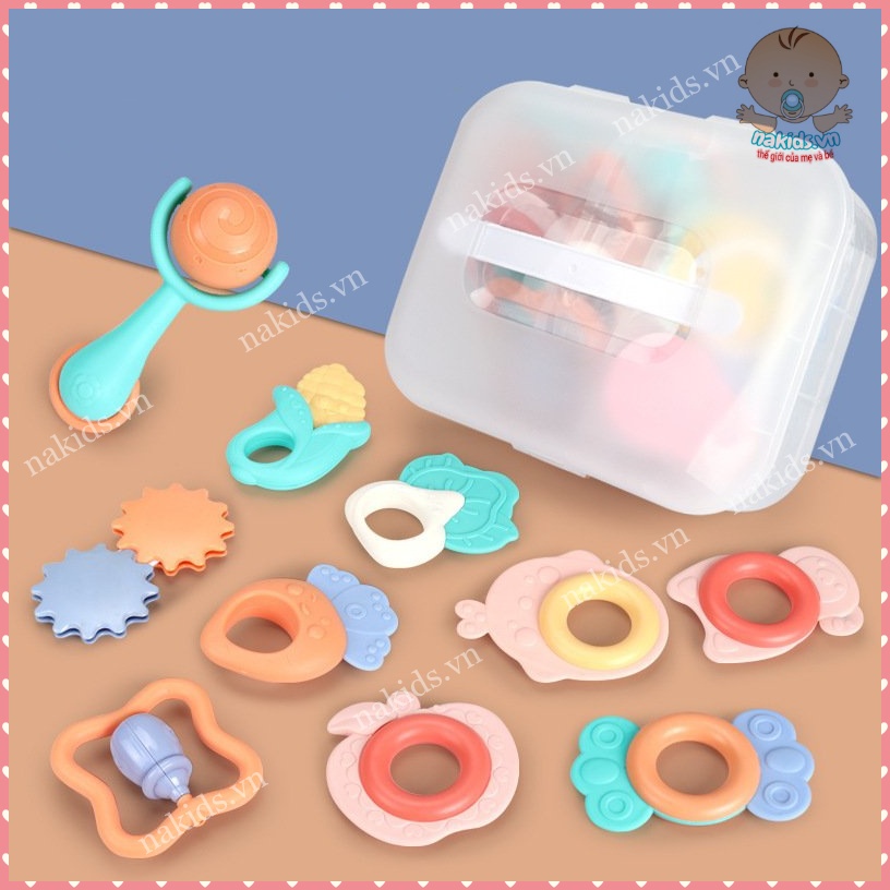 Bộ 10 món đồ chơi xúc xắc kèm gặm nướu giảm ngứa lợi cho bé baby rattle có hộp đựng