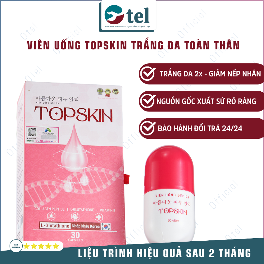 Viên Uống Trắng Da Giảm Nám Glutathione Topskin  Drotel TSN1 Cải Thiện Nội Tiết Tố, Chống Lão Hoá, Chống Oxy Hoá, Giảm Nám, Đào Thải Độc Tố, Trắng Da