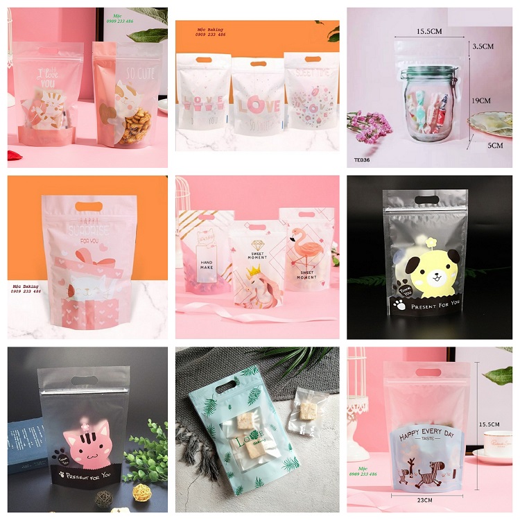 (Set 10 túi) Túi Zip nhiều mẫu đẹp mắt đựng được 200gr đến 250gr bánh kẹo theo nhu cầu