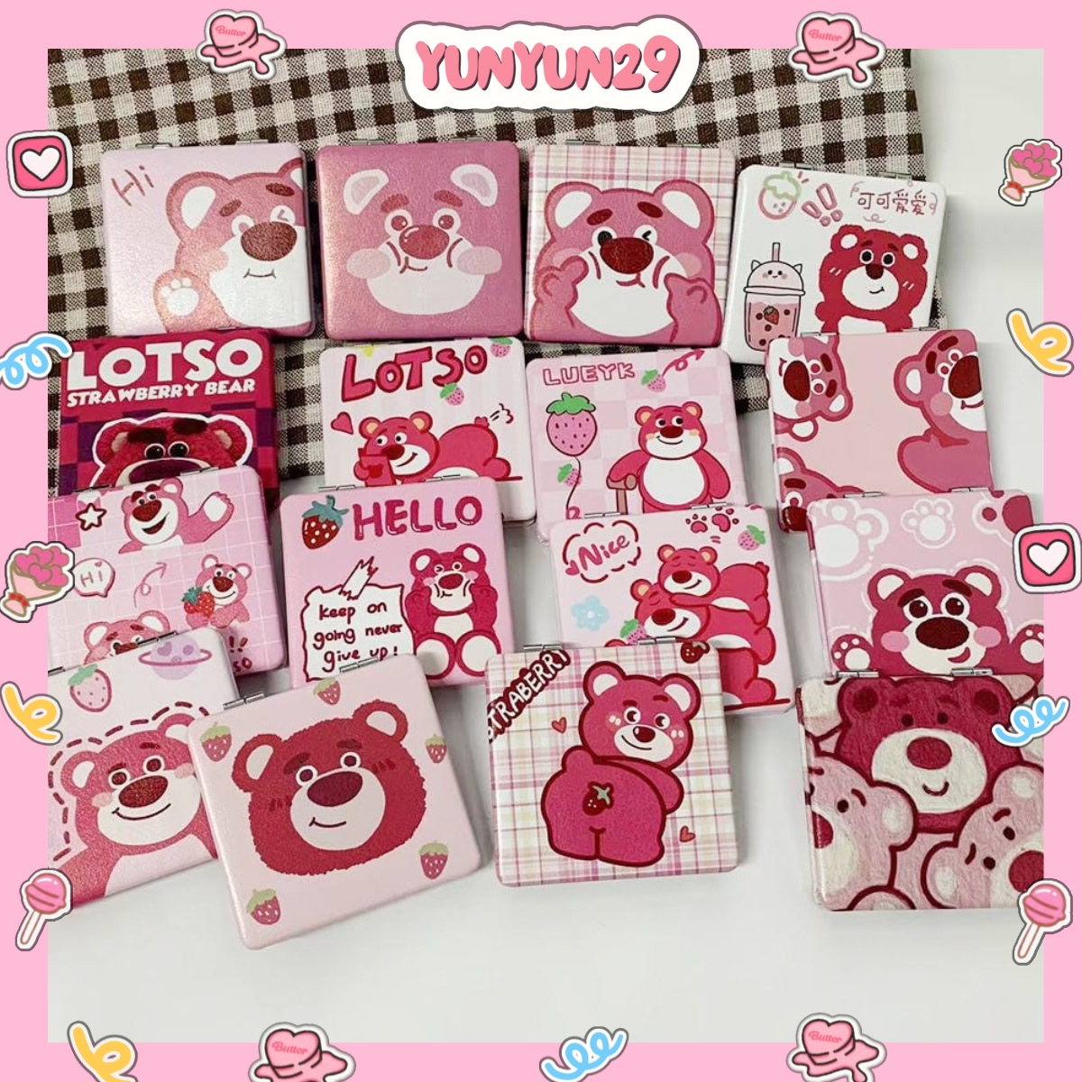Gương cầm tay gương mini gương mini trang điểm 2 mặt hình gấu dâu lotso TP18 yunyun29