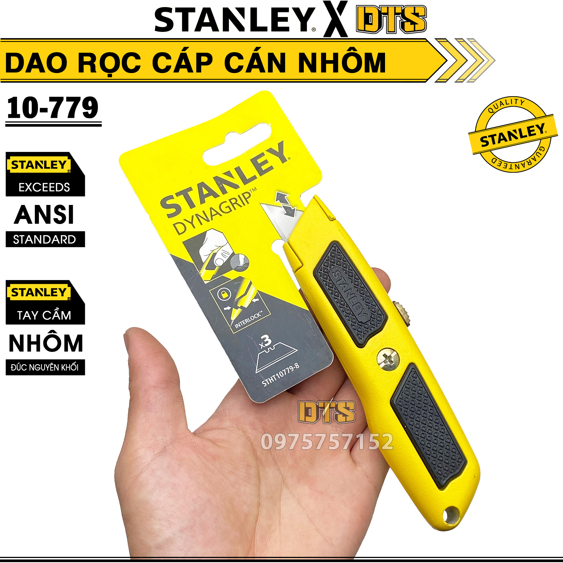 Dao rọc cáp cán nhôm chuẩn dynagrip hãng stanley mỹ | dao trổ đa năng kèm 3 lưỡi tay cầm đệm cao su chống trơn trượt, cắt sắc bén 10-779