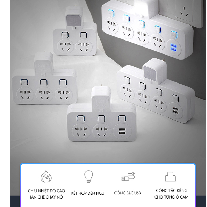 Ổ cắm điện đa năng tích hợpđèn ngủ kèm cổng usb bộ chia ổ cắm điện đa năng có nút nguồn theo từng ổ