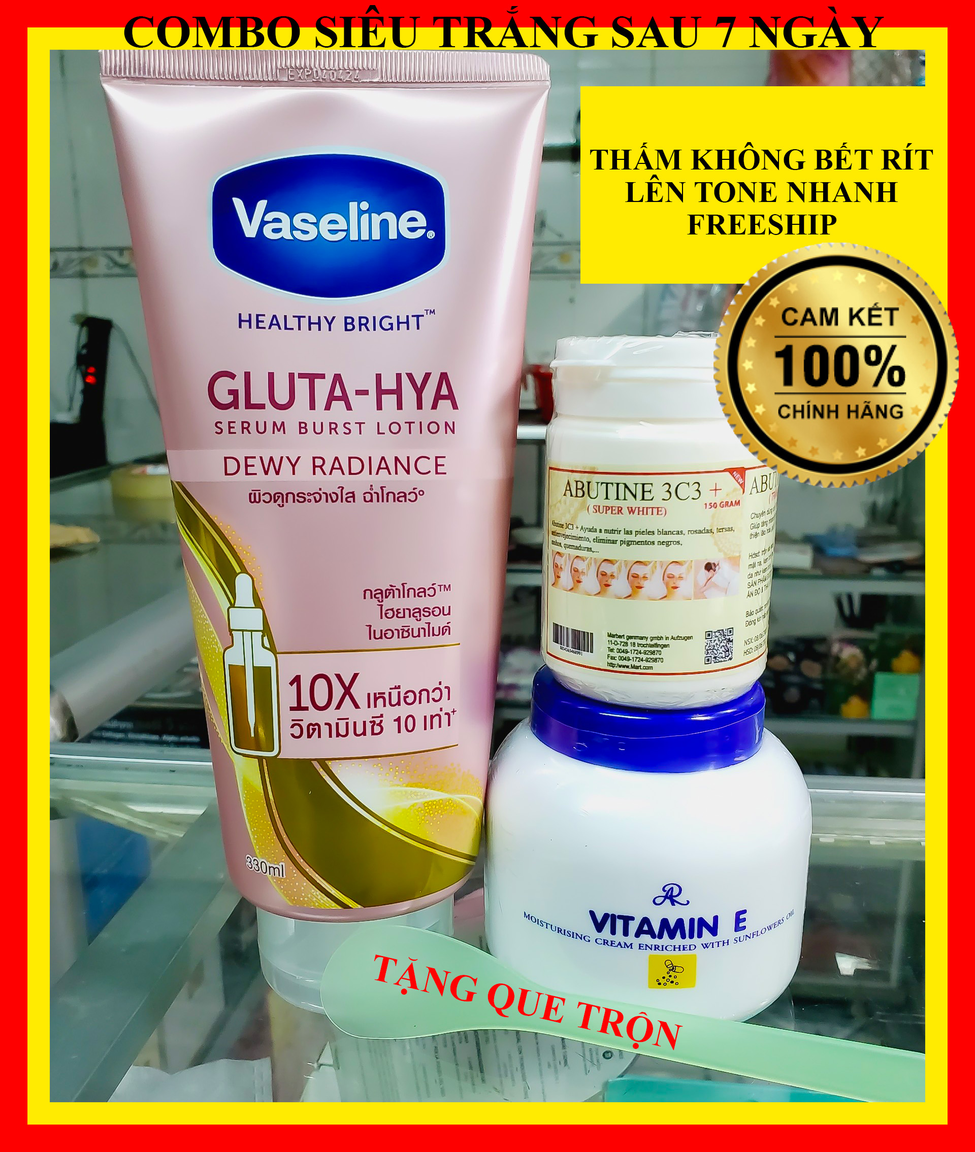 [chính hãng ] Combo kem trộn siêu trắng da body Vaseline 10x (vàng/hồng) + Vitamin E + Kích trắng 3c3 Abutine 150gr