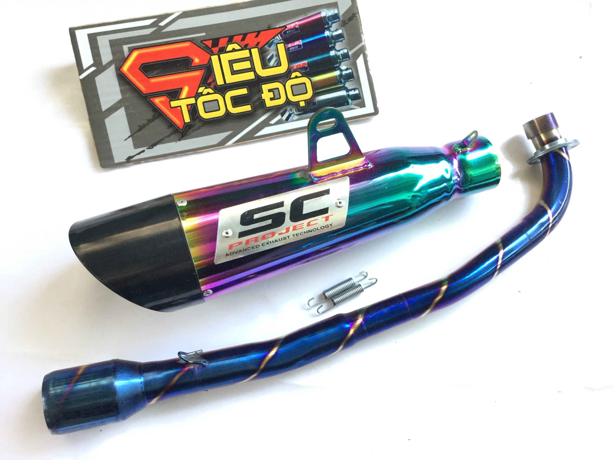 Combo pô sc xéo 7 màu bao gồm cả cổ pô titan độ cho xe wave 50 - 100, cup, dream, 67, exciter 50cc,........