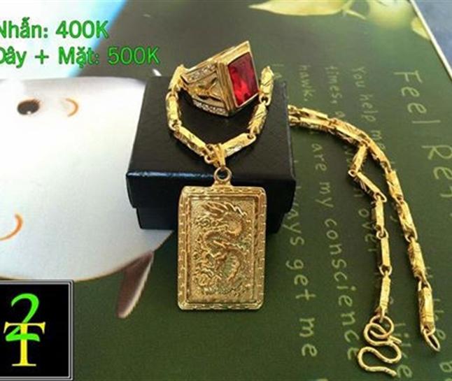 combo bộ dây chuyền ống trúc mix mặt chữ phúc vuông và nhẫn đá rubi đỏ mạ vàng 24 k