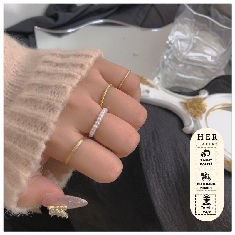 Set nhẫn nữ 4 chiếc dáng mảnh cá tính, bộ nhẫn nữ phong cách Vintage Her Jewelry N4