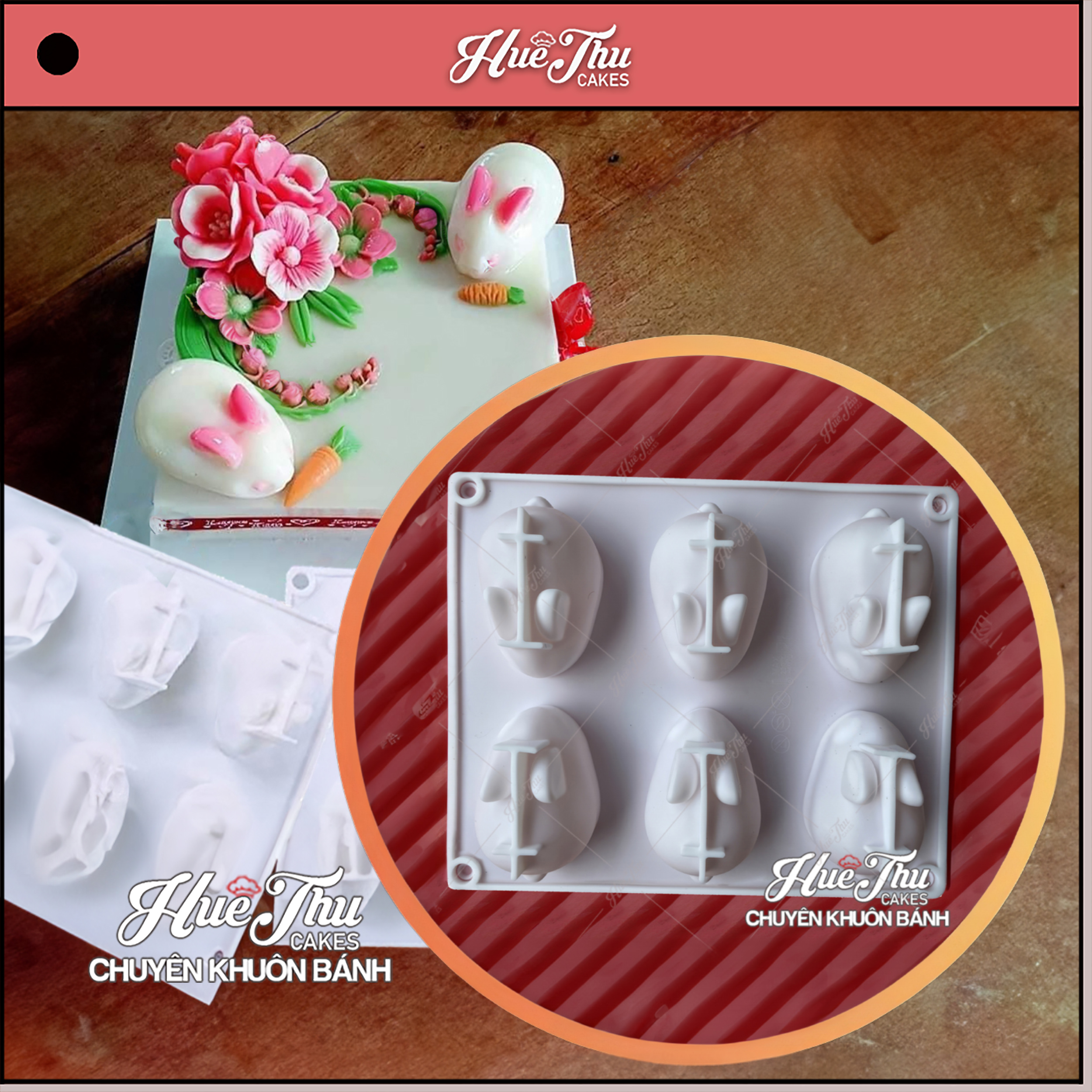 Khuôn silicon Thỏ 6 con làm kẹo, thạch rau câu, tàu hũ, pudding