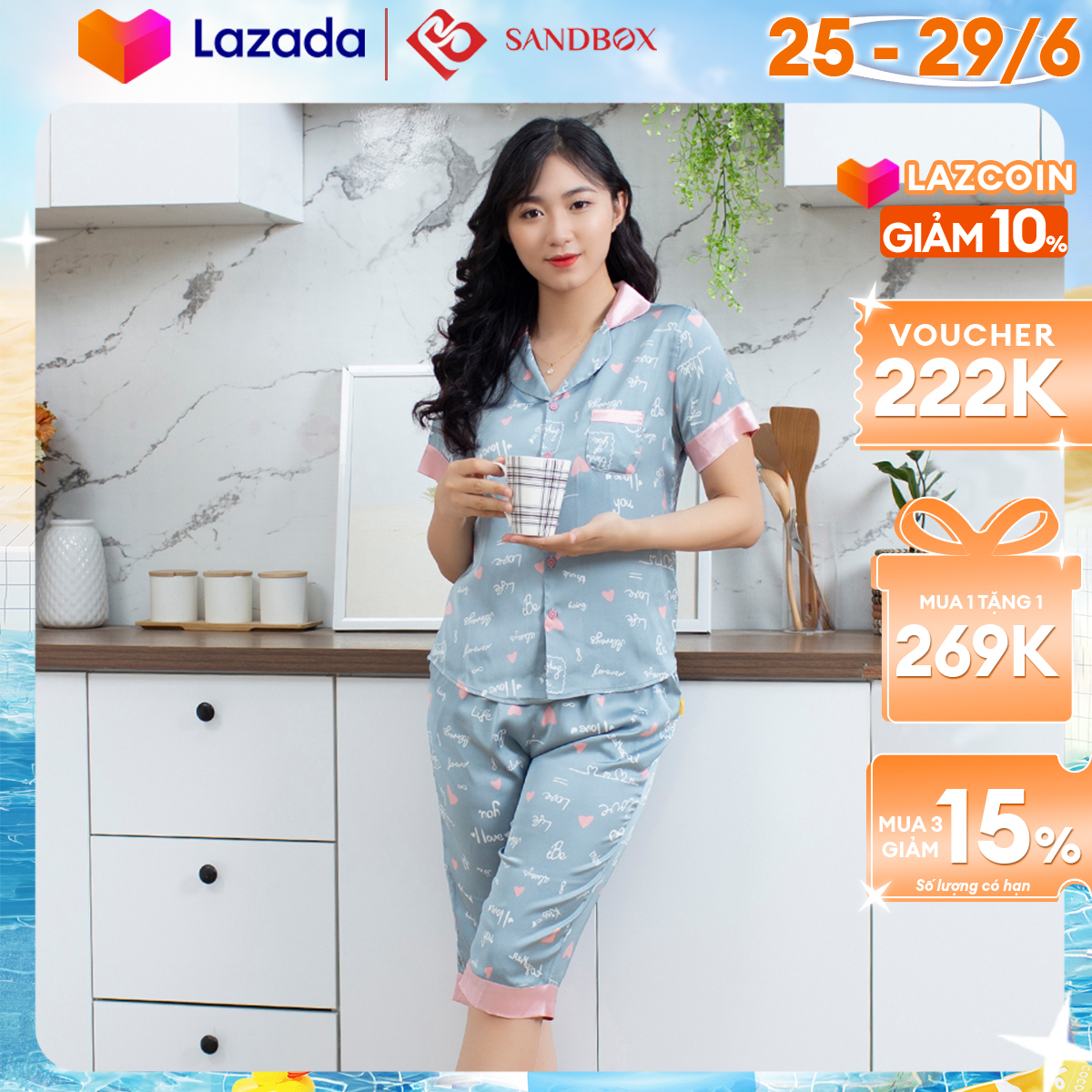 [GIẢM 40% ĐƠN 199K TỐI ĐA 120K] Đồ Bộ Nữ SANDBOX Chất Lụa Latin Nhật Cao Cấp Áo Cộc Tay Họa Tiết Phối Quần Lửng Trơn Thiết Kế Tinh Tế - BLL22002-02