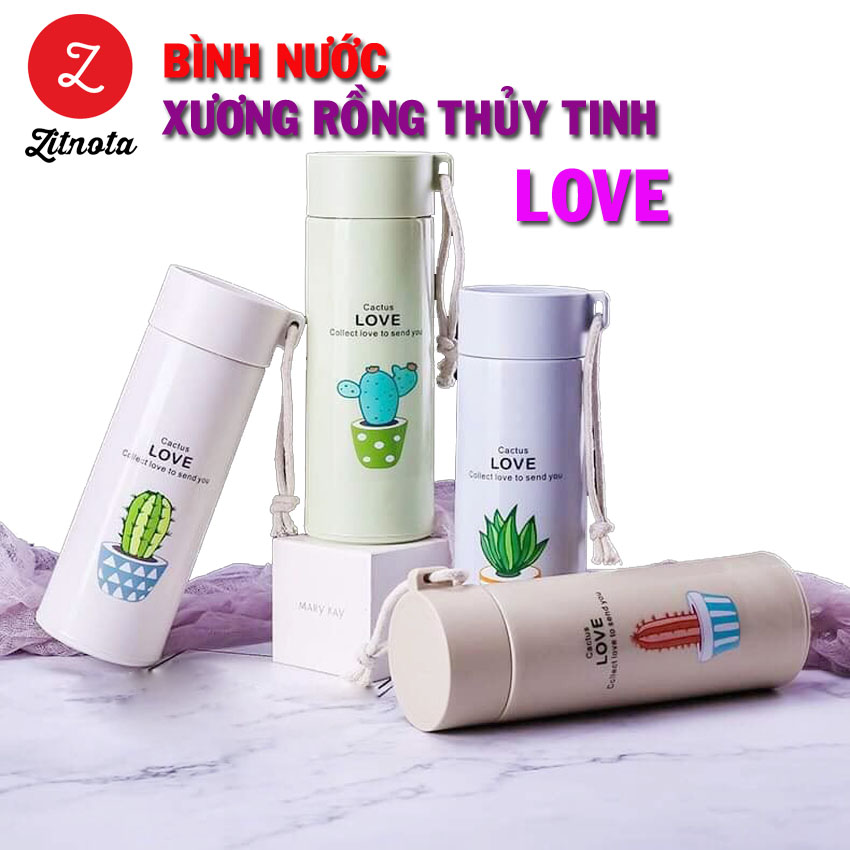 [Cơn sốt giá rẻ] Bình đựng nước hình xương rồng, Bình Thủy Tinh Bọc Nhựa Lúa Mạch Xương Rồng Cactus Love 450ml - bình nước xương rồng thủy tinh LOVE - Zitnota Shop