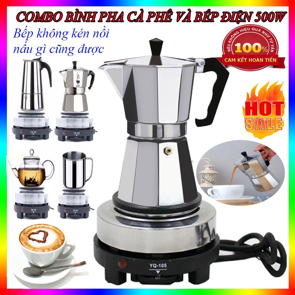 Combo Bếp điện và Bình pha cafe thẩm thấu ngược kiểu moka Ý  300ml - máy pha cà phê moka - Dùng để pha trà hay cà phê theo phương pháp Moka , bình pha cà phê