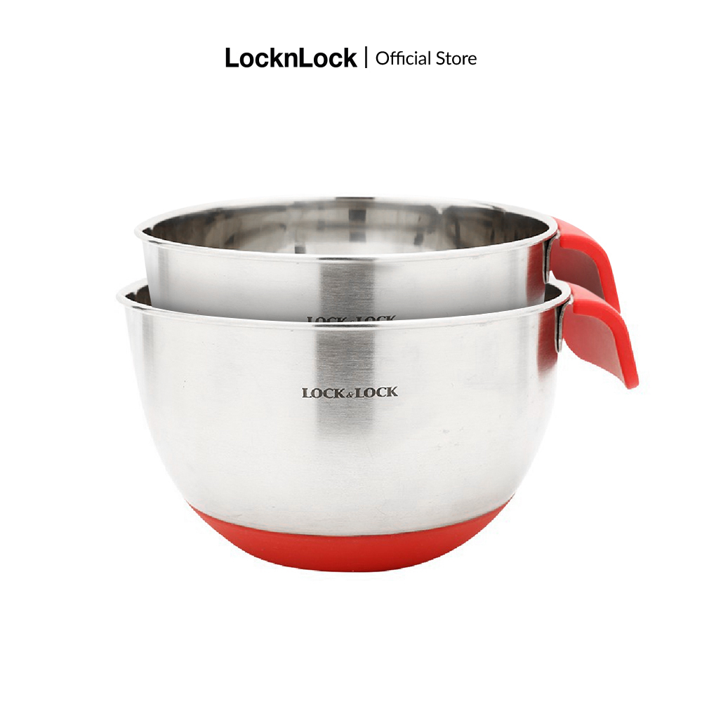 Bát trộn bằng inox Lock&Lock mixing bowl 20&24cm MIX - có tay cầm, đáy silicone trộn salad, ướp thịt, trộn bột