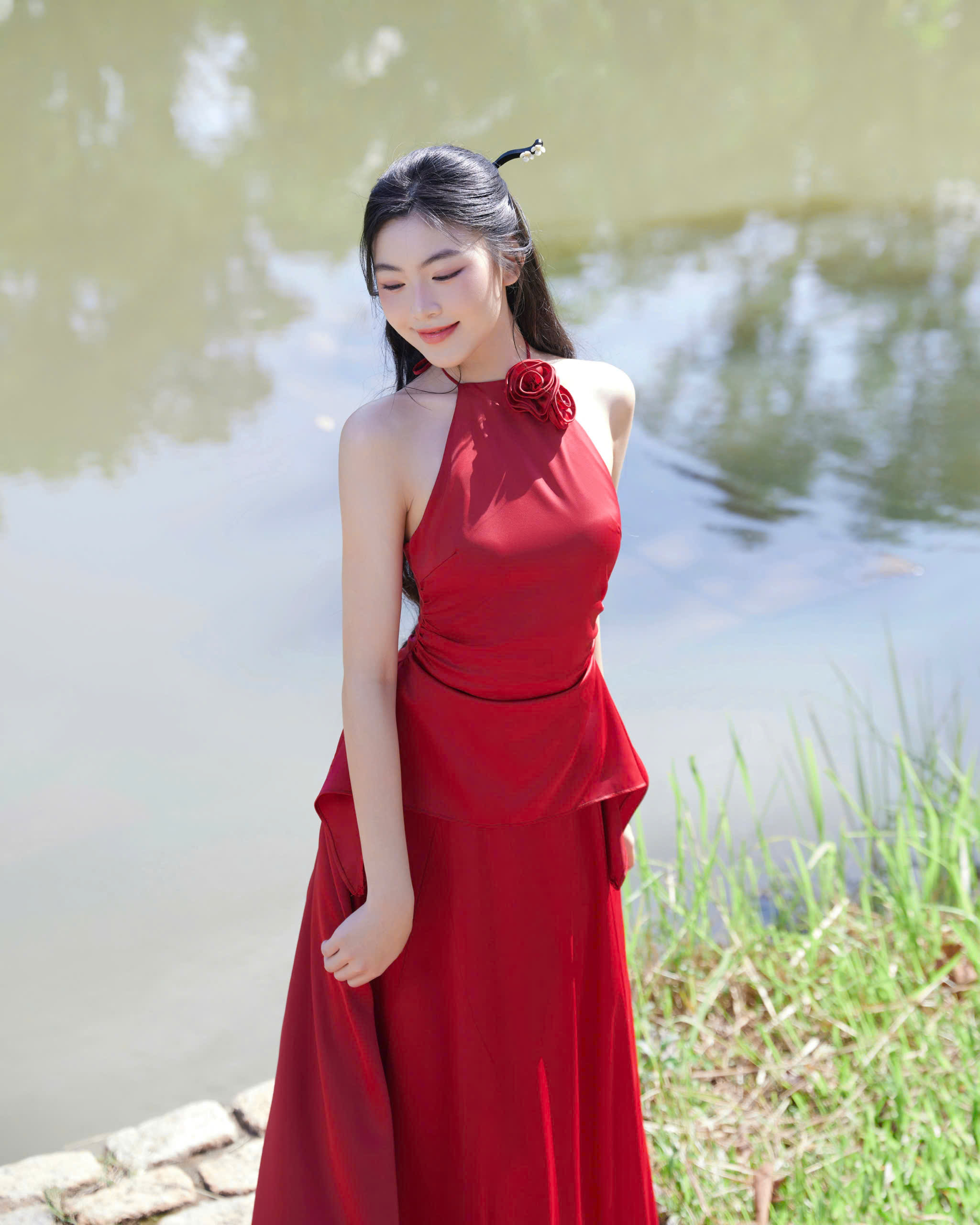 Set Lụa Áo Yếm Nữ Nhún Eo Phối Chân Váy Dài Form Bí Nữ Tính (bán lẻ) - THIÊN HƯƠNG - GOÛT DE JUN