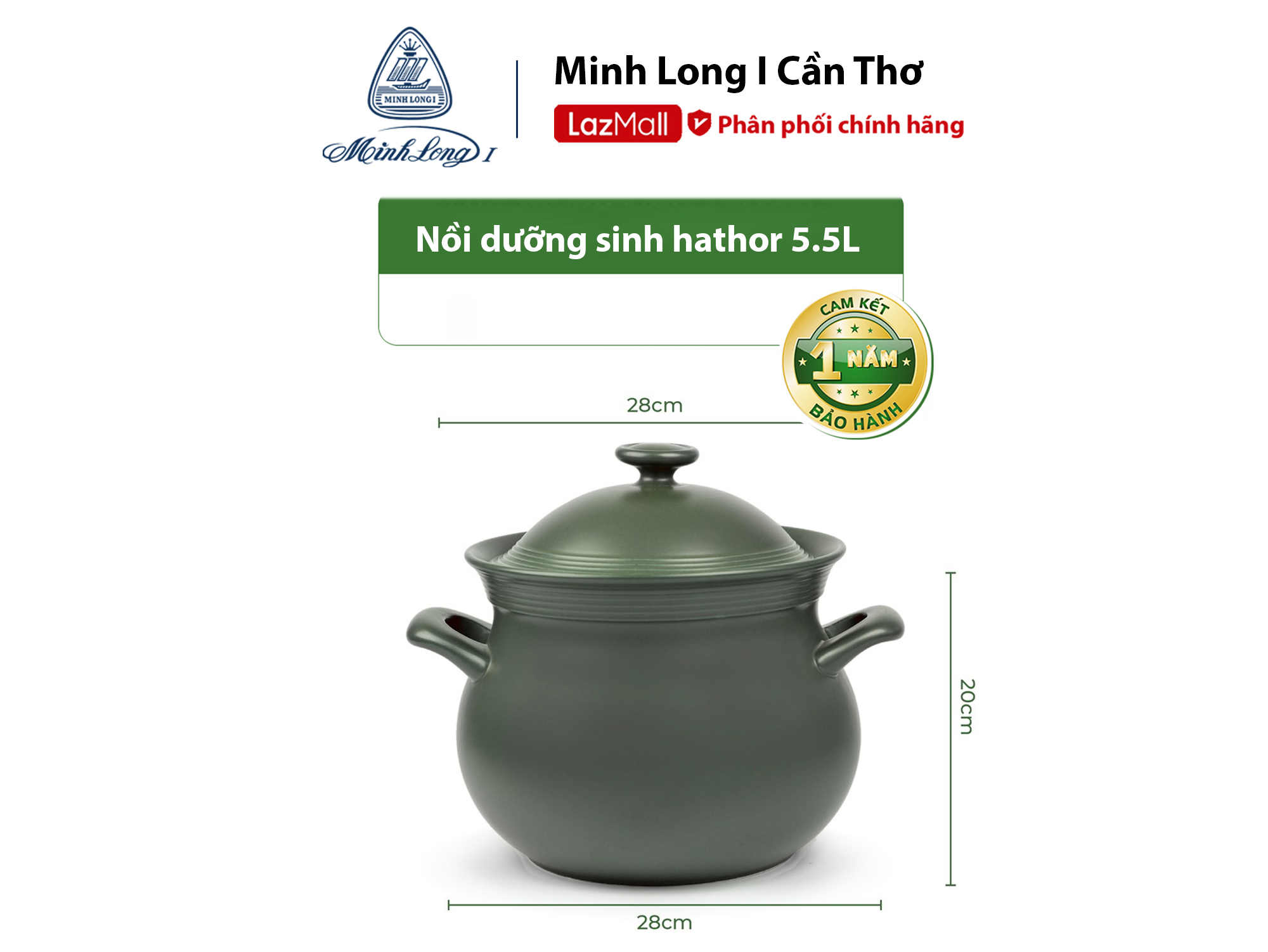 Nồi Sứ Dưỡng Sinh Minh Long - Hathor 5.5L Dùng Cho Bếp Gas Bếp Hồng ngoại Có Nắp Đậy Tráng Men Màu Sứ Xanh Rêu