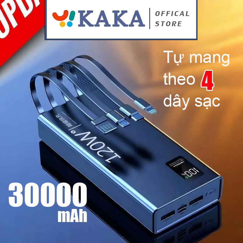 Kaka Power Bank Backup Battery 20000Mah 30000Mah Super Fast Charging 120W Pd22.5W with 4 Charging Cables Led Screen 2-Way Fast Charging 4 Cables Power Bank Charging Treasure