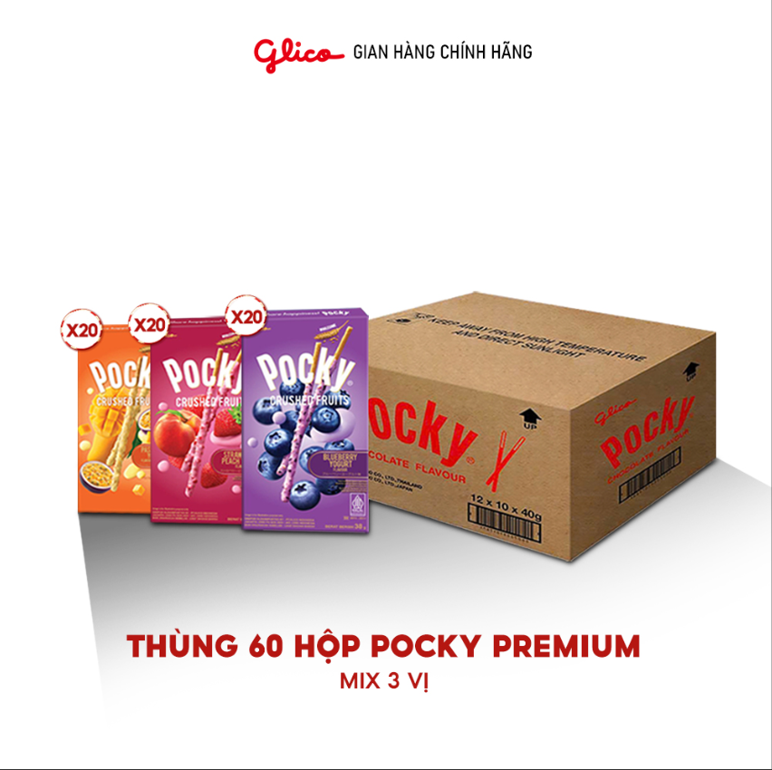 (HOT) Thùng 60 Hộp Glico Pocky Premium Mix 3 Vị (20H Vị Chanh Dây Xoài - 20H Sữa Việt Quất - 20H Sữa Dâu Đào) - 38g/Hộp