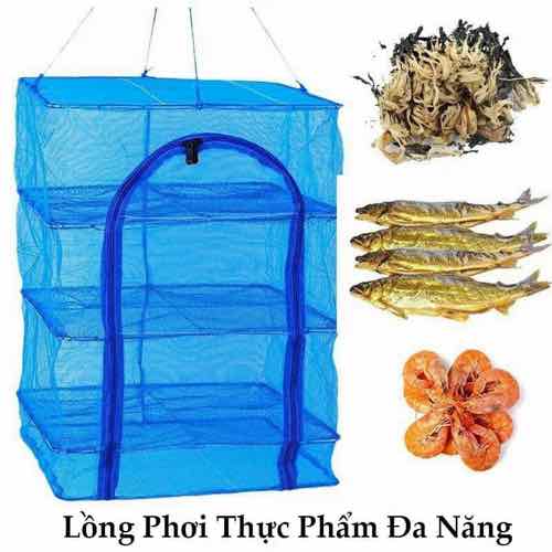 Lồng lưới phơi thực phẩm 4 tầng để phơi cá khô tôm khô có thể xếp gọn chống ruồi, muỗi, côn trùng dễ dàng vệ sinh.