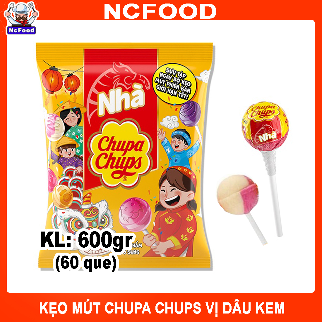 Kẹo mút chupa chups vị dâu kem 600gr