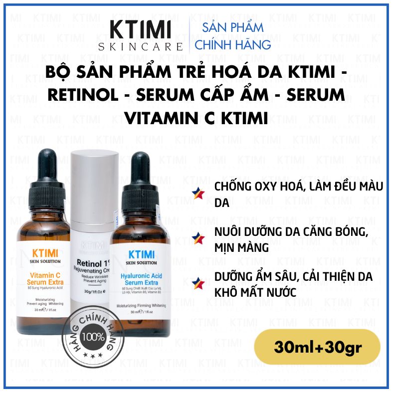 Bộ sản phẩm trẻ hoá da Ktimi - Retinol - Serum cấp ẩm - Serum vitamin C Ktimi