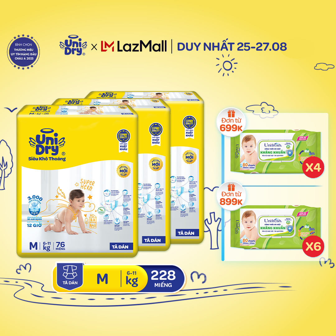 [HỎA TỐC]  Combo 3 Tã dán UniDry Siêu khô thoáng gói Super Jumbo mới size M76/L68/XL62