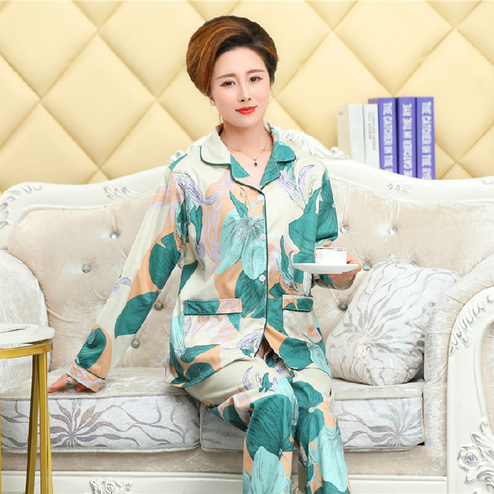 Bộ Đồ Ngủ Pijama Dài Tay Vải Cotton Dành Cho Phụ Nữ Trung Niên Có Size 4xl