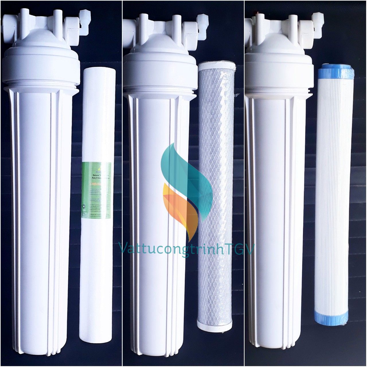 Bộ 03 cốc lọc thô 20 inch đầu nguồn + 03 lõi lọc thô 20 inch số 1.2.3 + Giá treo