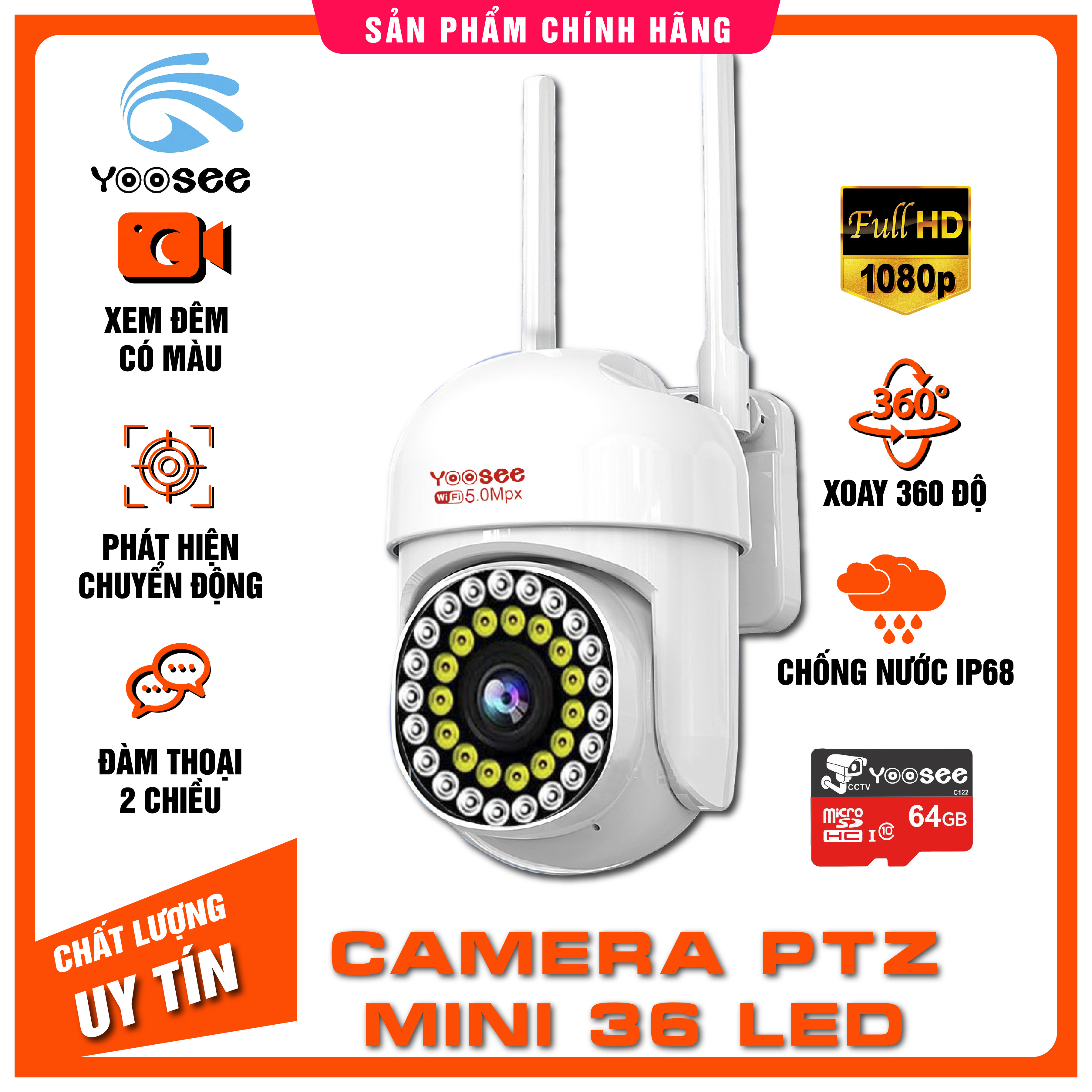 Camera Yoosee Wifi không dây Ngoài Trời PTZ mini 36LED 5.0Mpx 1080P xoay 360 độ chống nước xem đêm có màu BH 6 tháng lỗi 1 đổi 1