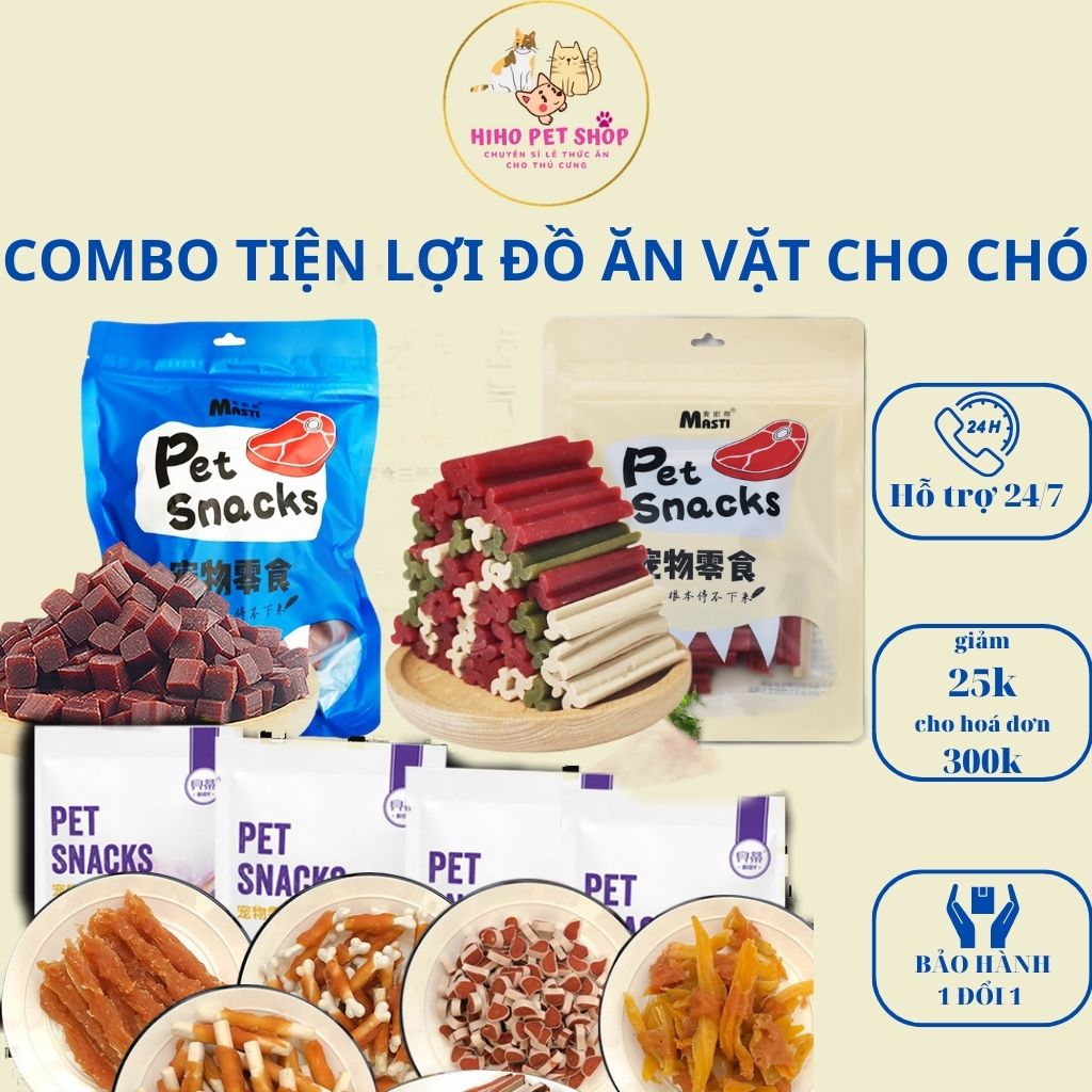 Combo tiện lợi đồ ăn vặt cho chó: Snacks thịt bò sấy, que sạch răng, bánh quy ăn vặt