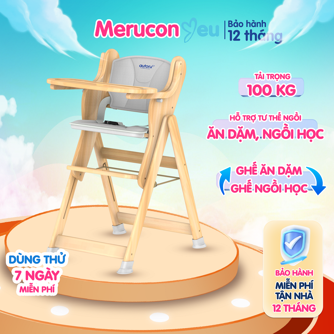 Ghế ăn dặm cho bé Autoru chất liệu gỗ cho bé từ 6 tháng tuổi, sơn chống ẩm mốc chuẩn Châu Âu, thiết kế chống đổ ngã H1