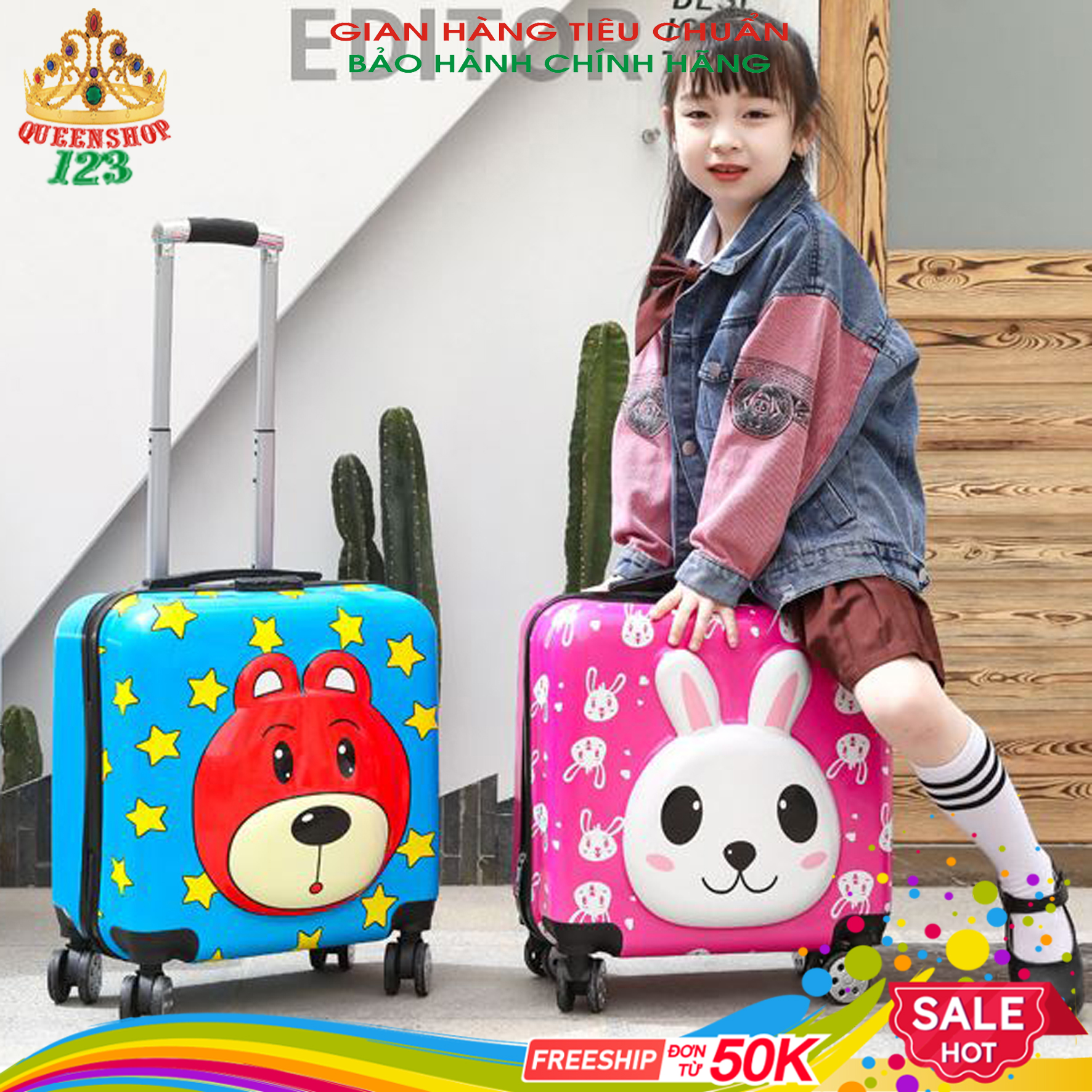 Vali nhựa kéo trẻ em vuông. Vali Size 18 inch dùng cho bé trai và gái, in hình dễ thương, nhựa an toàn cho bé