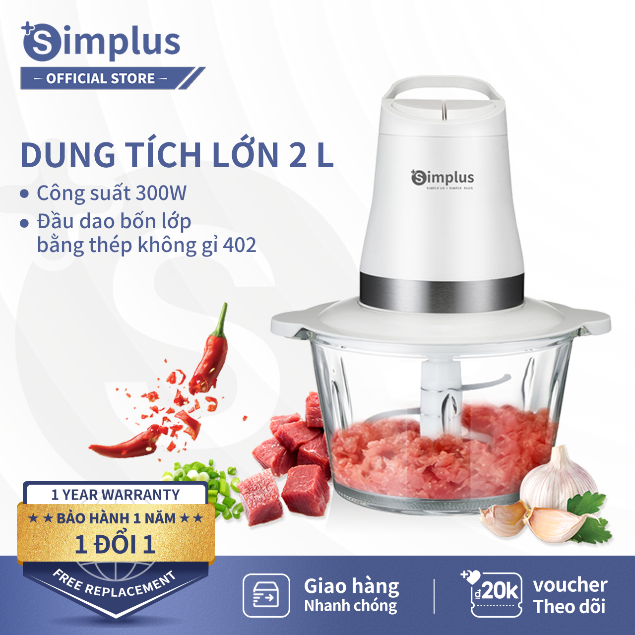 Máy xay thịt Simplus máy xay sinh tố 2L đa năng, tự động, nhanh, tiếng ồn thấp, dùng trong gia đình