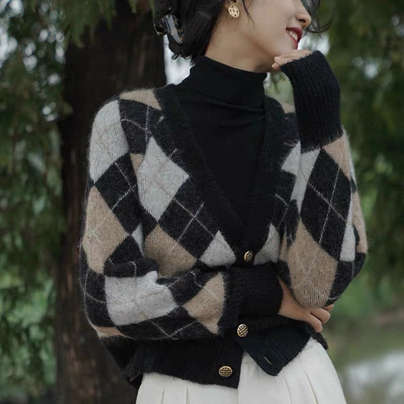 Áo cardigan khoác len quả trám WANAWEAR áo cadigan sweater đôi nam nữ họa tiết kẻ cổ điển vintage màu nâu đen