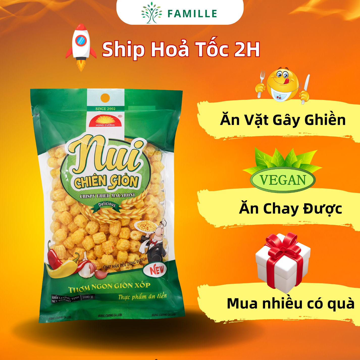 Nui Chiên Giòn 200g | Ăn Chay Được | Đồ Ăn Vặt | Nui Chiên | Nui Chiên Hùng Cường | Nui Sấy | Nui | Đồ Khô |