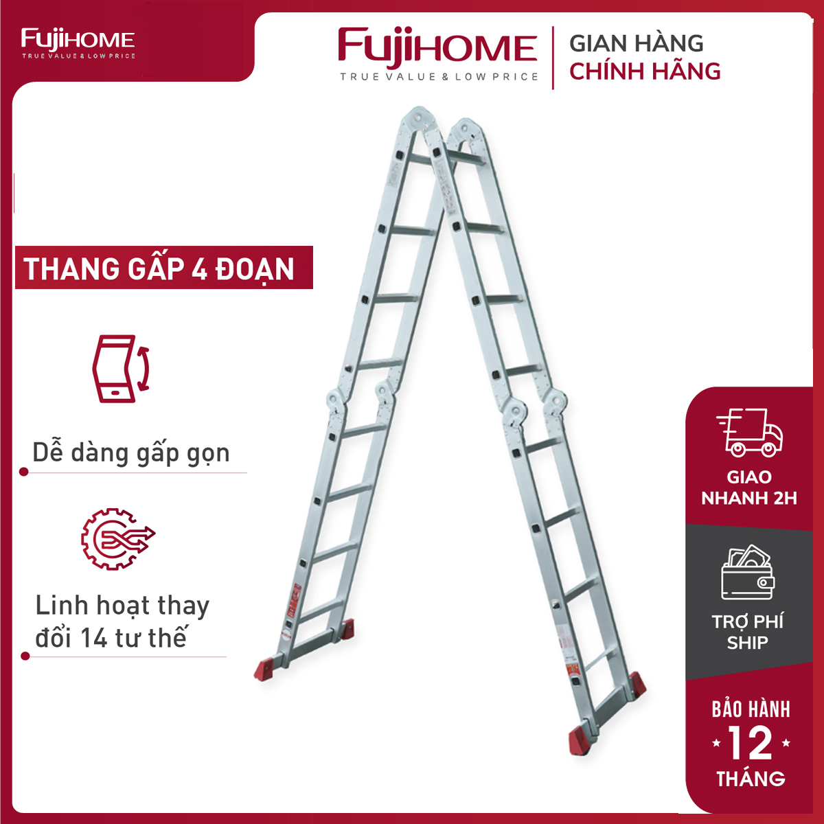 Thang nhôm gấp 4 đoạn 3.4 mét - 4,4 mét đa năng Nhập Khẩu  FUJIHOME ML104N, thang chữ M xếp gọn 4 khúc gia đình 14 tư thế sử dụng, aluminum ladder- CHính hãng Bảo hành 1 năm