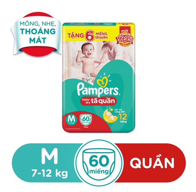 [HCM][Tặng 6 miếng tã cùng size] Tã quần Pampers Baby Dry size M 60 miếng (cho bé 7- 12kg)