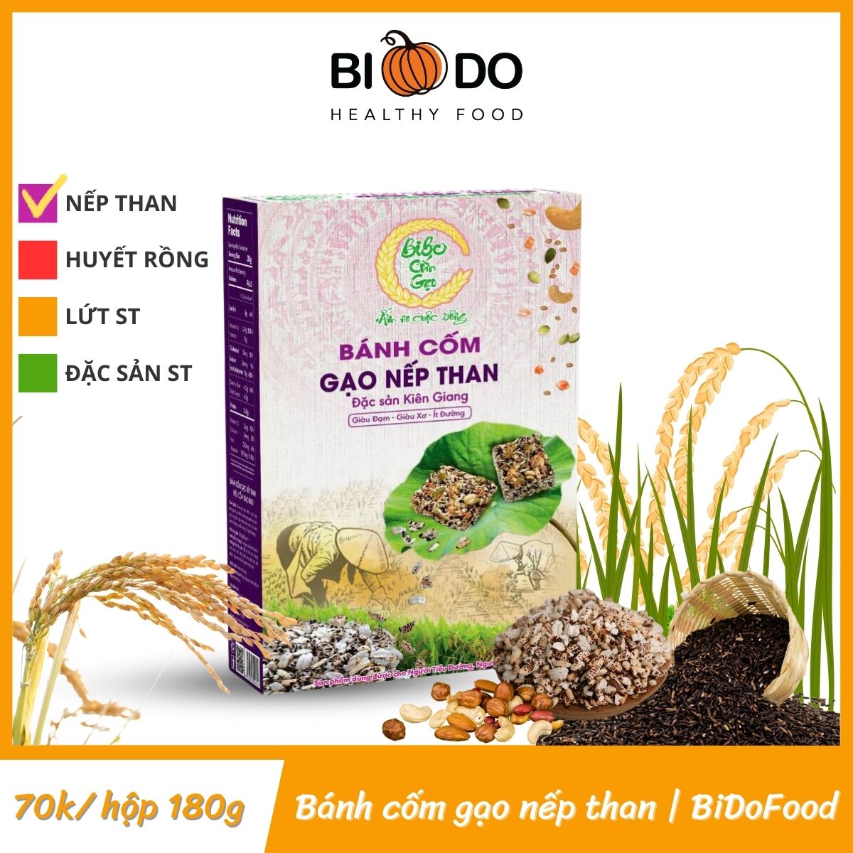 Bánh cốm gạo nếp than bibo 180g - bí đỏ food - cốm gạo lứt rong biển món ăn tuổi thơ