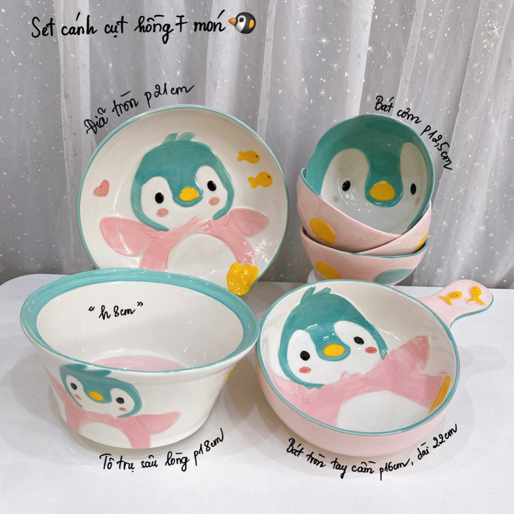 Bát sứ bát ăn cơm - bộ bát đĩa decor , bộ chén dĩa sứ vẽ tay hoạ tiết nổi sét cánh cụt màu hồng 7 món