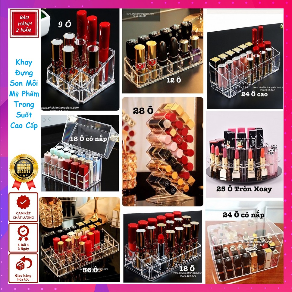 Khay Kệ Đựng Son Môi 9 ô - 12 ô - 18 ô - 24 ô - 28 ô - 36 ô Trong Suốt Xoay Tròn 360 Độ
