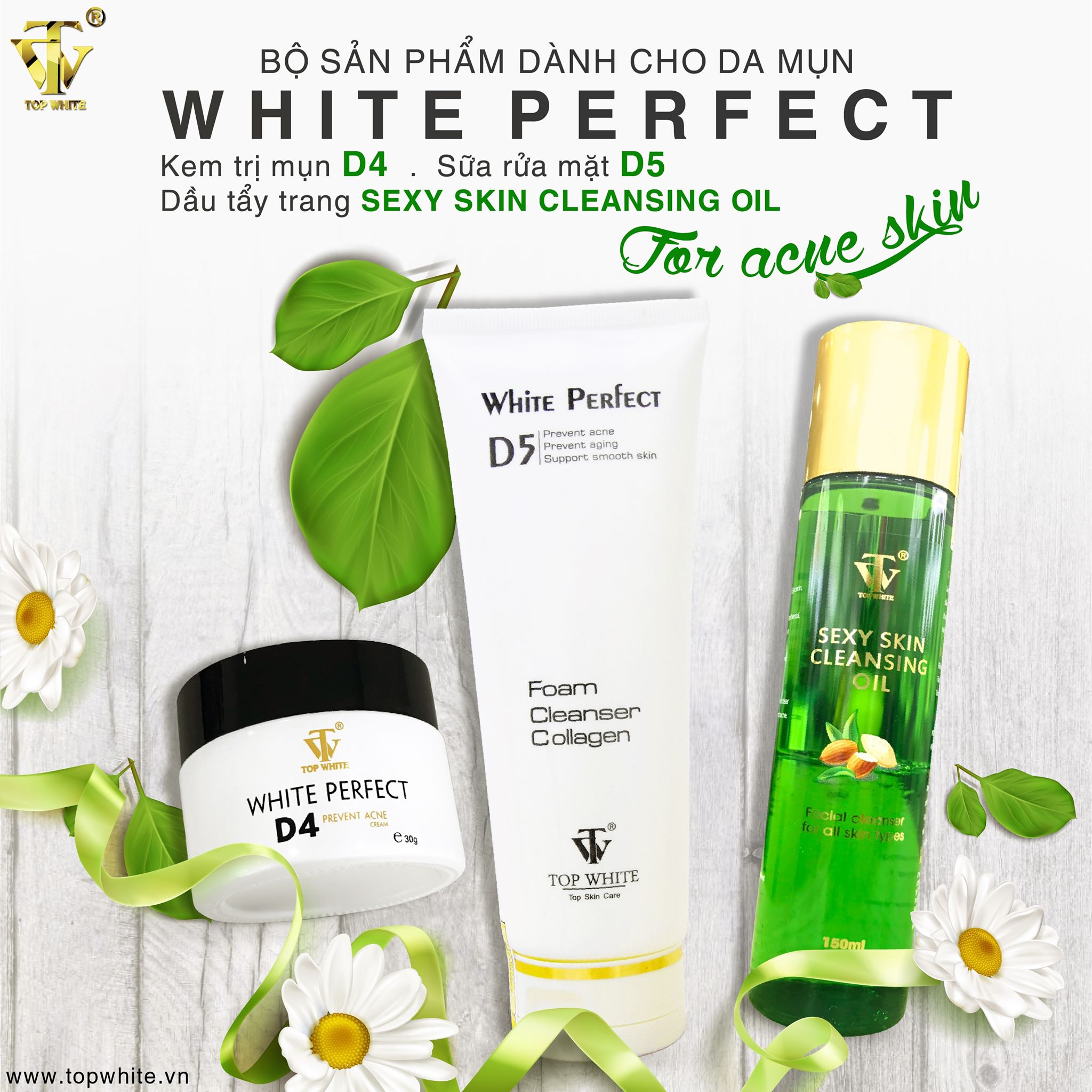 Bộ sản phẩm top white làm sạch da ngừa mụn mờ sẹo thâm