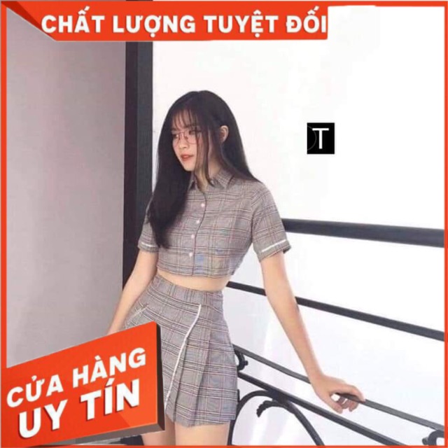 Sét váy áo kẻ croptop Tr&Đ