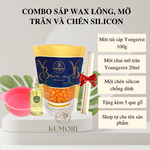 Combo wax lông siêu tiết kiệm gồm 1 bịch sáp wax lông 100g 1 chén silicon nấu sáp chống dính 1 mỡ trăn triệt lông 20ml