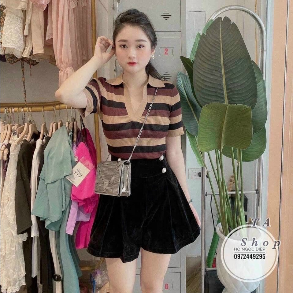 Áo len cộc tay cổ đức kẻ ngang hàng quảng châu - lbba162