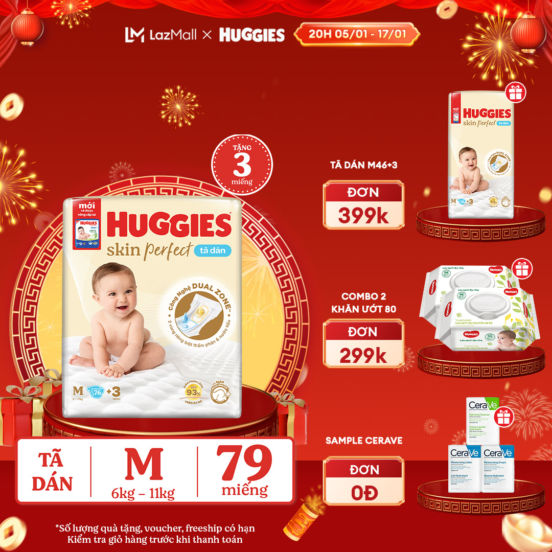 [CHỈ 20H 05-17.01 MUA 1 TẶNG 1] [Tặng thêm 3 miếng tã] Tã dán Huggies Skin Perfect Super Jumbo M76 miếng