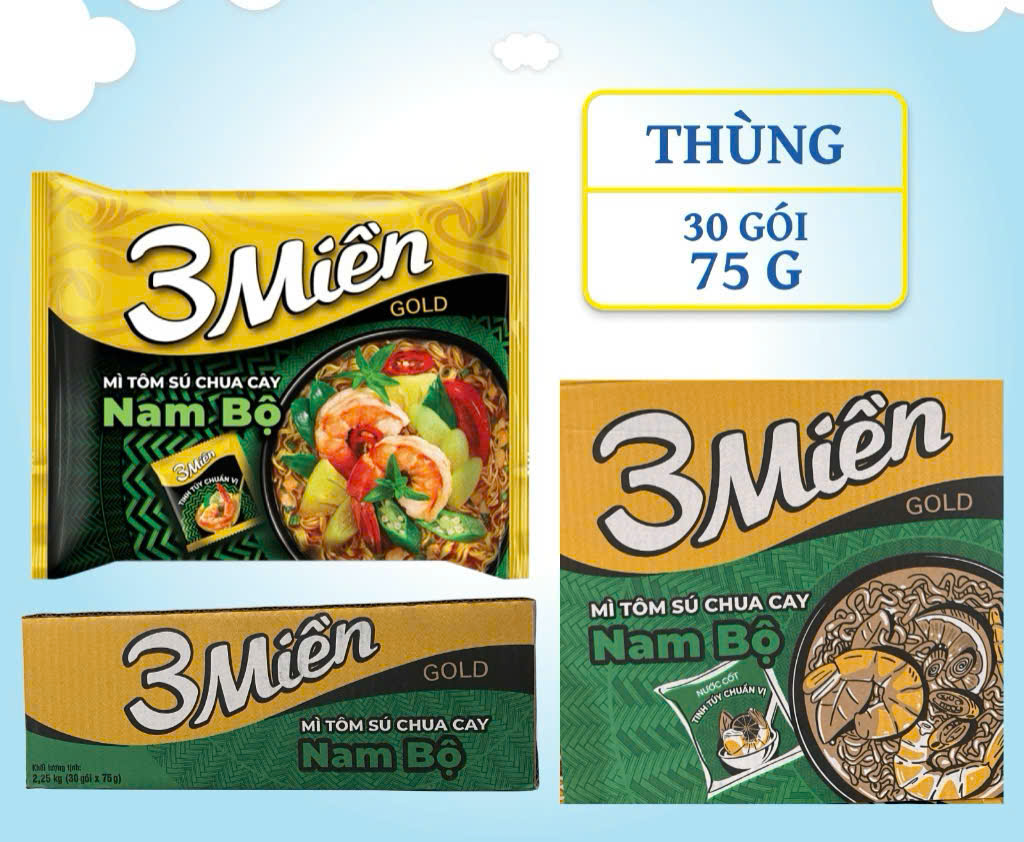 Thùng 30 Gói Mì 3 Miền Gold Tôm Sú Chua Cay Trung Bộ, Nam Bộ, Bắc Bộ (30 Gói x 75g) - UN32T