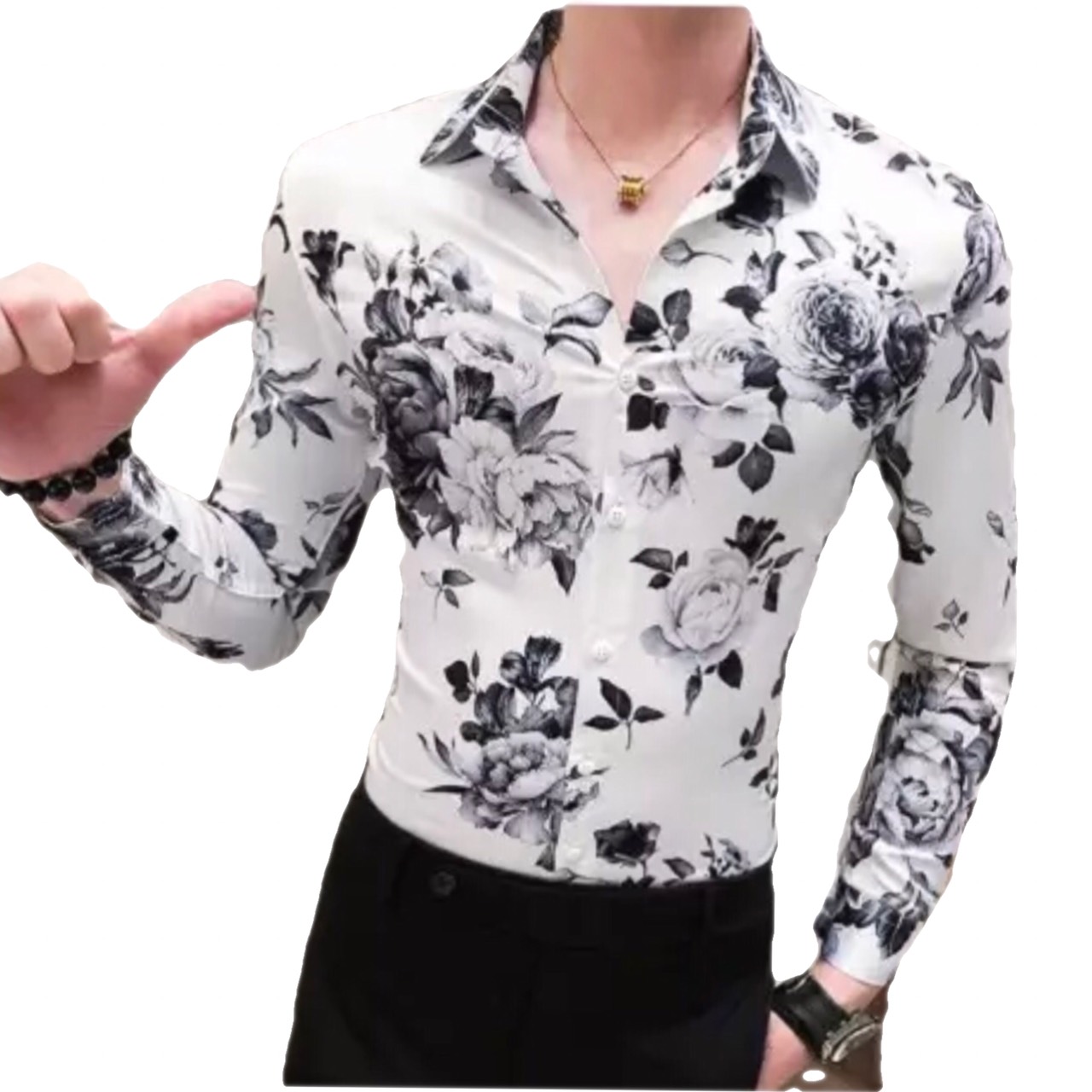 [HCM]Áo sơ mi nam màu đen chất lụa thái  họa tiết hoa chìm  rất Rể phối với những quần Tây âu