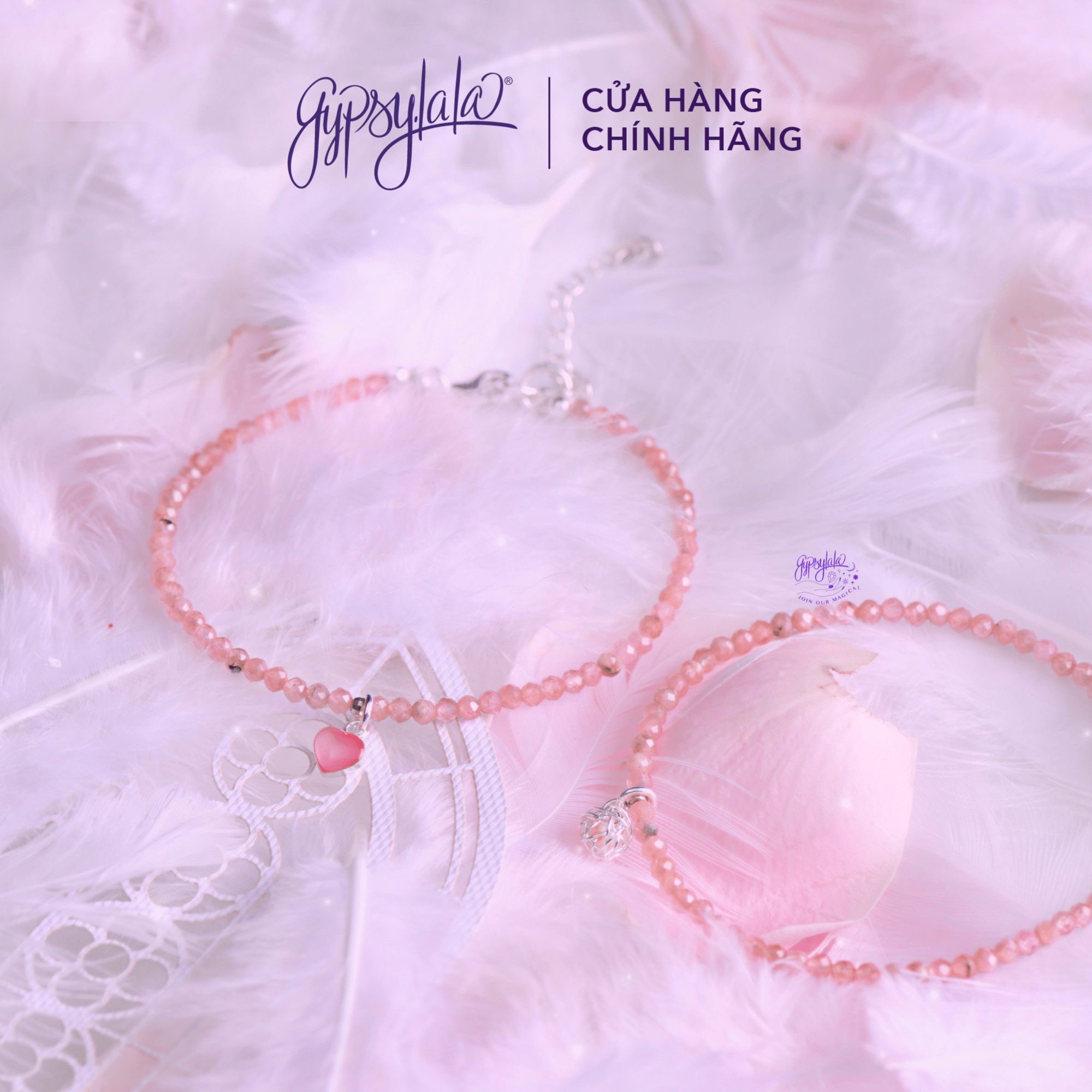 Vòng Tay Đá Đào Hoa Mini Thiên Nhiên Charm Bạc 925 SP005548 Gypsy.lala