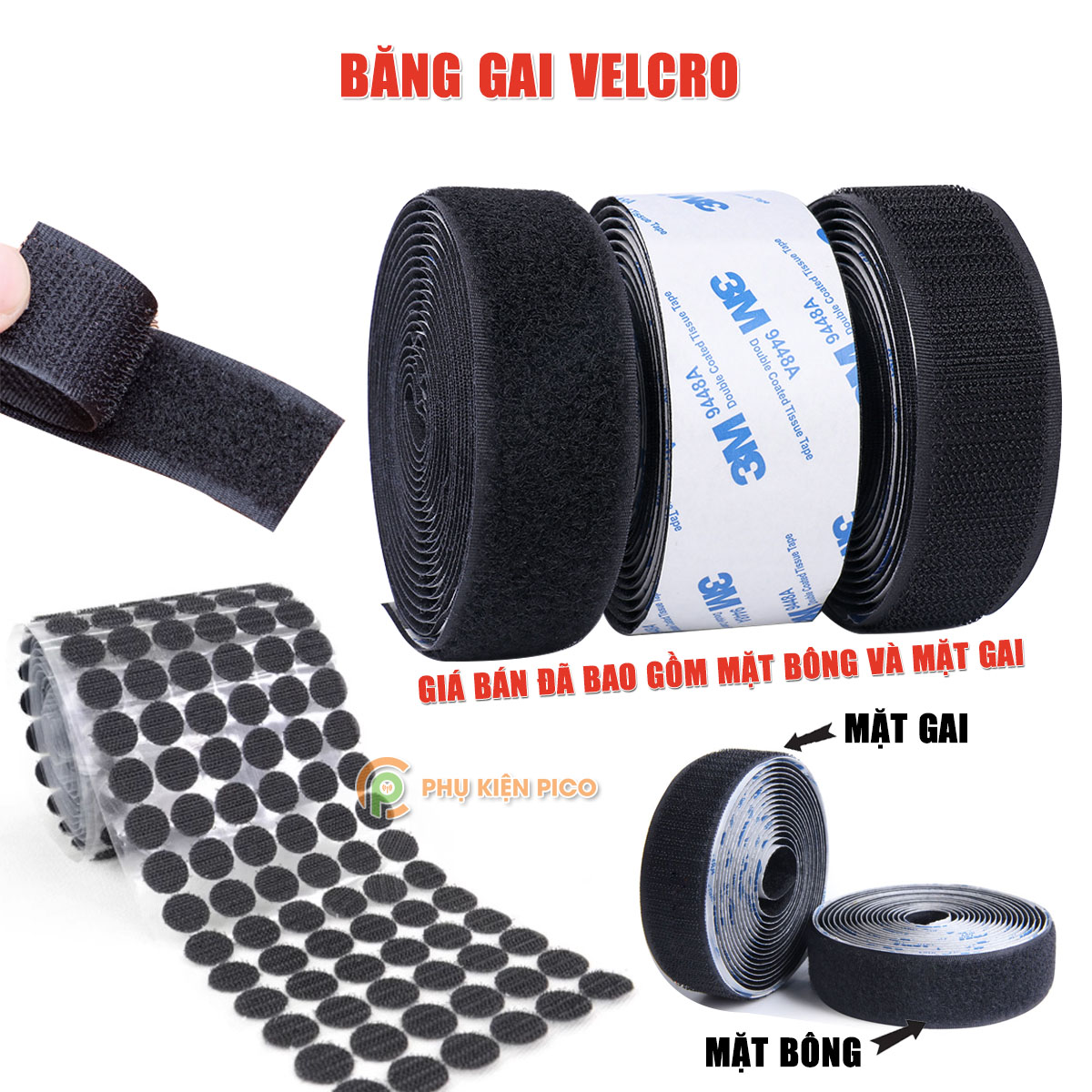 Dây quấn Băng gai Velcro có keo 3M, Băng gai tròn dính khóa nhám gai, miếng dán vải 2 mặt dán giày, túi xách, quần áo