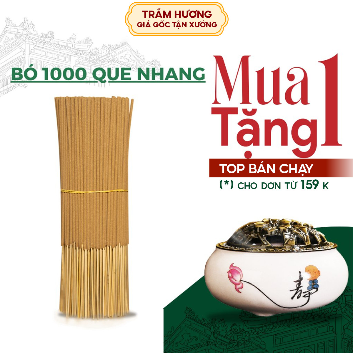 Nhang trầm hương thắp hương, Nhang trầm hương sạch nguyên chất, dài 38 cm cháy lâu,Bó 1000 que