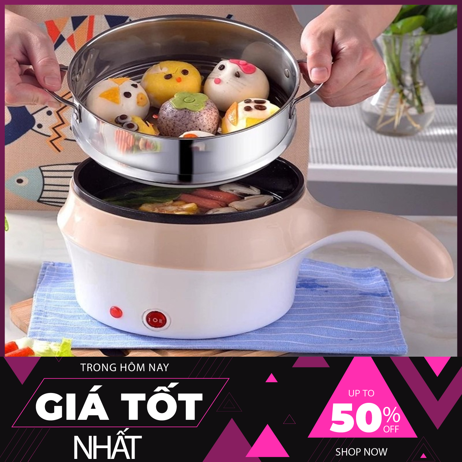 Nồi Điện Mini Hai Tầng Đa Năng Tặng Kèm Khay Hấp có thể Chiên, Xào, Nấu ăn, nấu cơm, nấu lẩu miniNồi lẩu điện ca mì có lồng hấp 18cm,2 lớp, Nồi lẩu điện đa năng 2 tầng có lồng hấp và nắp kính cao cấp