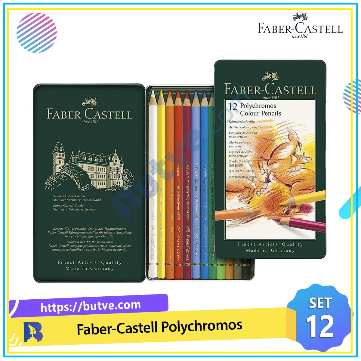 Bộ bút chì màu nhập khẩu cao cấp Faber - Castell Polychromos 12 màu - Hộp thiếc