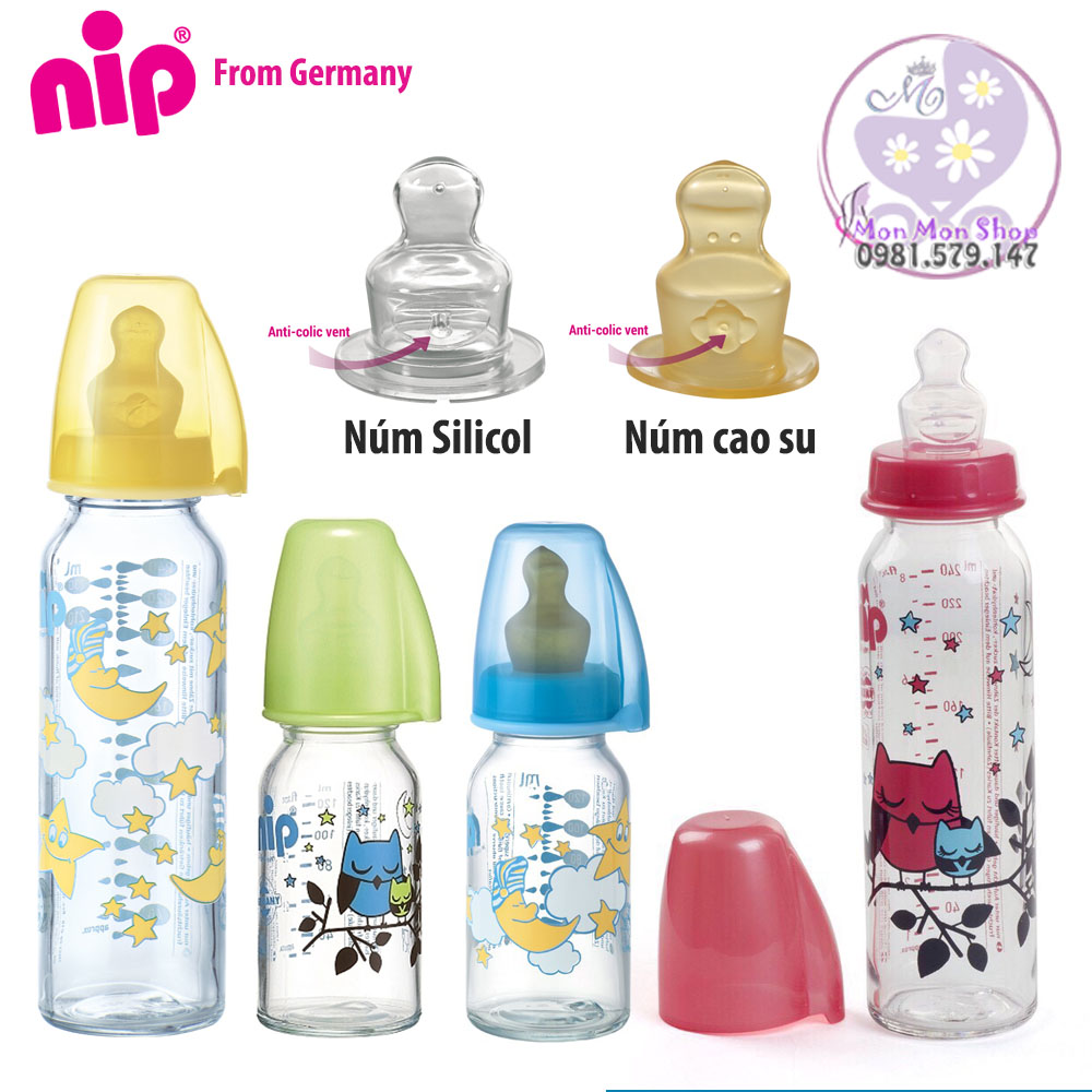 Bình sữa NIP thủy tinh cổ thường/ cổ hẹp tiêu chuẩn 125ml / 250ml có núm ty chỉnh nha, chống sặc ( Made in Germany)